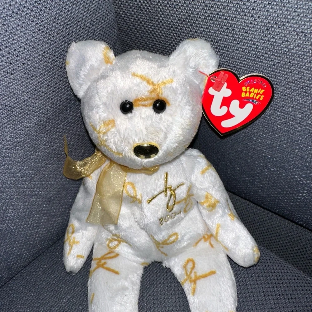 NWT! Ty Beanie Baby 2004 Signature Bear Original Gold & White P.E. Pellets